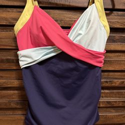 Lands' End V-Neck Wrap Underwire Tankini Top Navy Pink Sz 10 NWOT Colorblock
