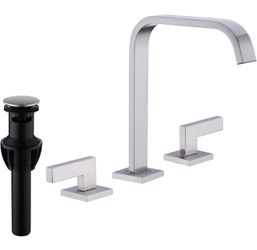 Brushed Nickel Bathroom Faucet 3 Hole, Brass 8 Inch Widespread 2 Handle Vanity Sink Faucet, 360 Degree Swivel Spout Basin Mixer Tap with Pop-up Drain 