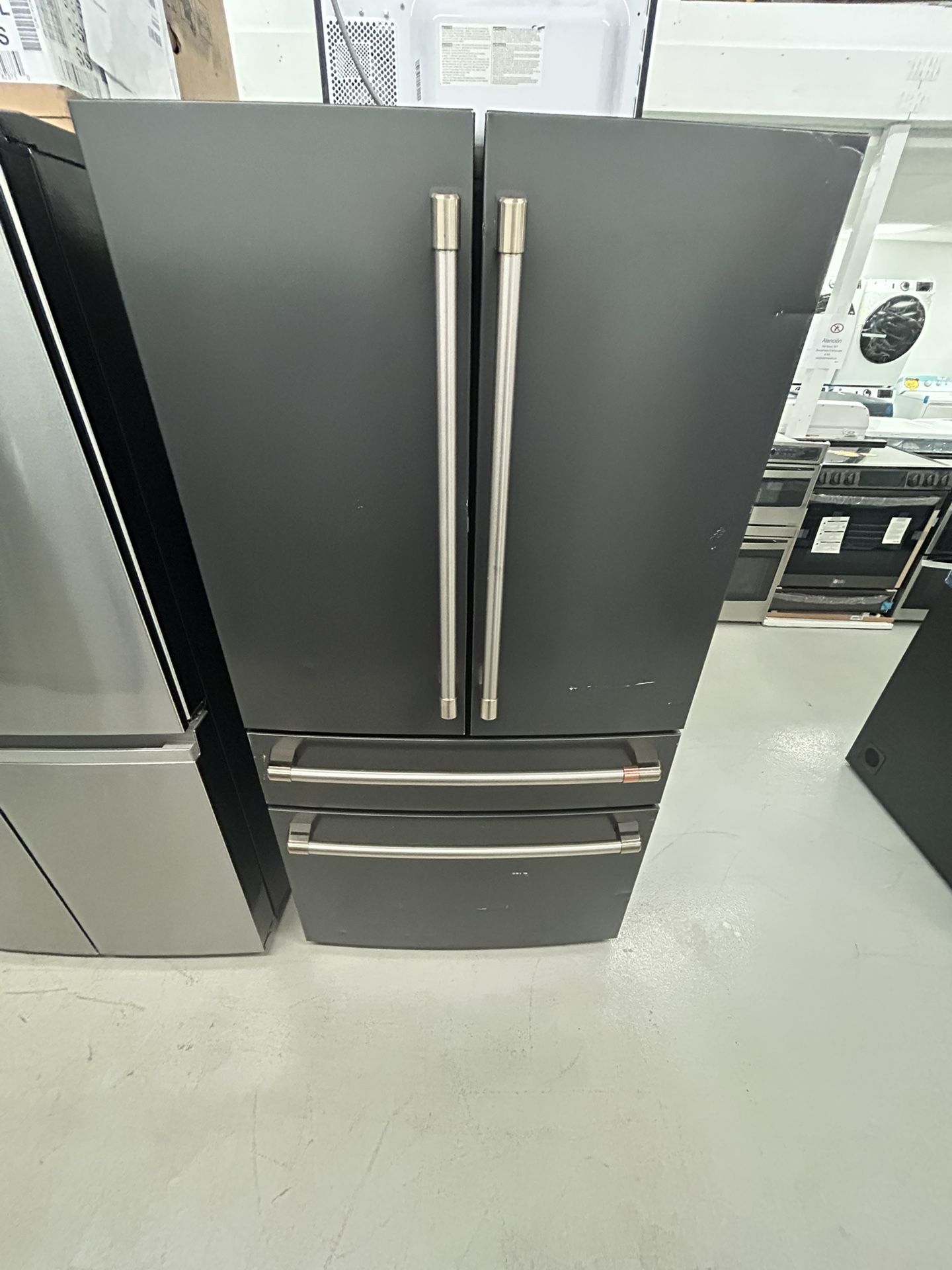 Open Box/Scratch And Dent, Matt Black Ge Cafe Four-Door Refrigerator With Auto Fill Picture Msrp $4599 On Sale For $1199, One Year Warranty Included