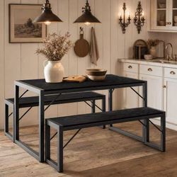 208】Aiho 3-Piece Dining Table Set - Industrial Kitchen Table & Chairs with Stain-Resistant Oak Top, Space Saving Design for Small Homes, Black