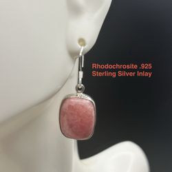 Rhodochrosite Genuine Stone .925 Sterling Silver Inlay Earrings