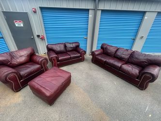 4-Piece Burgundy Genuine Leather Living Room Set – Sofa, Loveseat, Chair & Ottoman