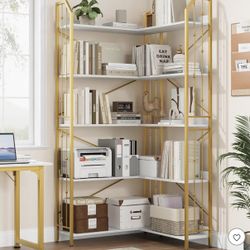 Garvee Corner Bookshelf Industrial Corner Bookcase, l Shaped Bookshelf 5 Tier, Large Bookcases with Beaded Design and Adjustable Feet Gold White