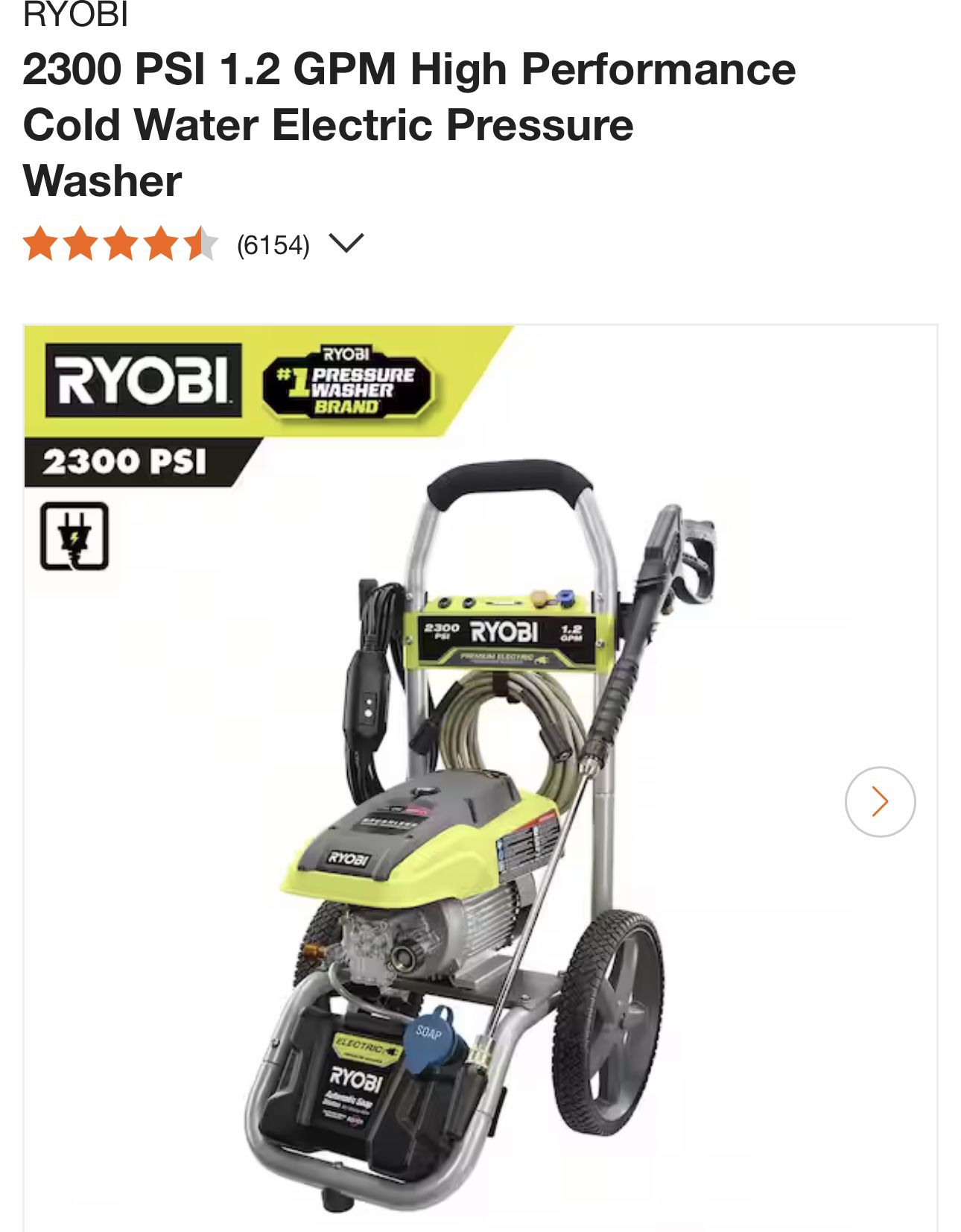 RYOBI 2300 PSI 1.2 GPM High Performance Cold Water Electric Pressure Washer