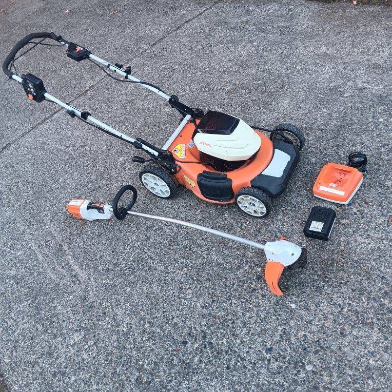 Stihl 36volt Lawn Mower & FSA65 Line Trimer AP180 Bat AL300 Charg Excellent Condition. For Pick Up Fremont Seattle. No Low Ball Offer/Trades