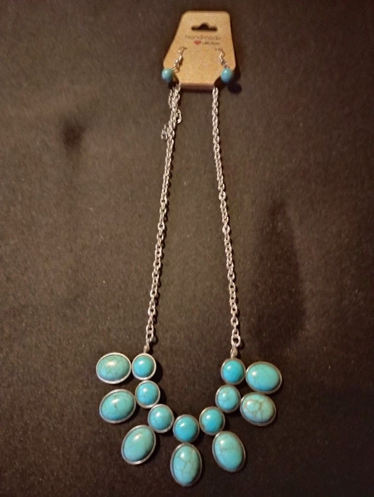 Handmade Turquoise And Silver Necklace Set