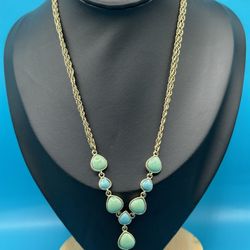Vintage Very Rare Monet Y Necklace Faux Blue & Green Gemstones 2 Strands Gold Tone Great Condition 16” Long 3 Y 2 1/2” Extension 