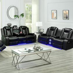 Leather Sofa + Love Seat  + LED Lighting + Bluetooth Speakers + Power Reclining Seats