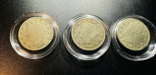 1908, 1909, 1910 Liberty V Nickel Good Condition 