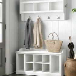 White Shoe Storage Bench with Shelves & Wall Mounted Coat Rack