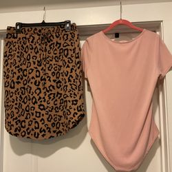 Leopard 🐆 Print Angled Cut Skirt & Plush PinkColour Bodysuit Top