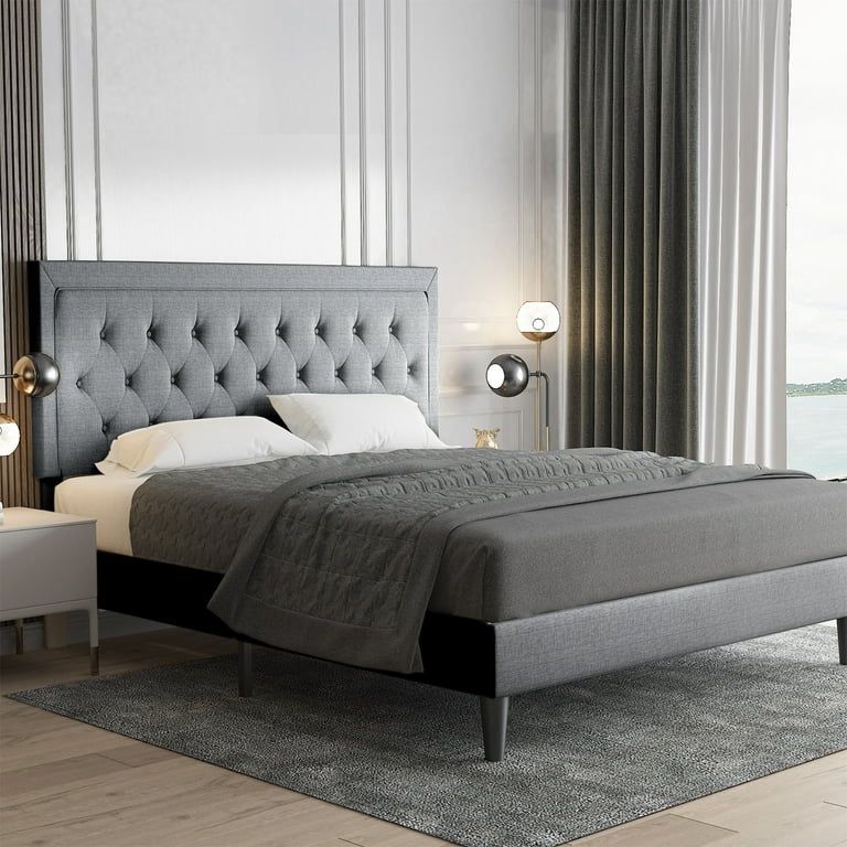 King Size Button Tufted Upholstered Platform Bed Frame
