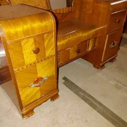 1930's Antique Waterfall Dresser, Vanity, And Queen Size Bed