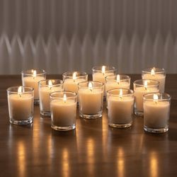 Used Once - 45 Pack Warm White Unscented Clear Glass Filled Votive Candles. Hand Poured Wax Candle Ideal Gifts for Aromatherapy Spa Weddings