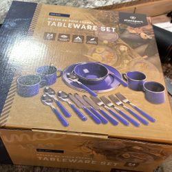 Blue Plates Cups Forks Spoon Knife Bowl 