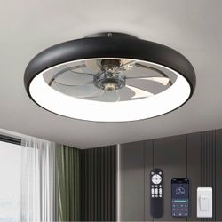 LUDOMIDE Ceiling Fans with Lights 20'' Flush Mount Fan Remote Control Black Low Profile 6 Wind Speeds Smart Dimmable LED