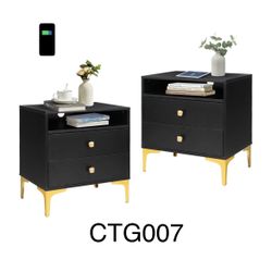 Nightstands Set of 2 with Wireless Charging Station, Wood nightstand, Bed Side Tables with 2 Drawers and Storage, Modren Design Nightstnads Set of 2 f