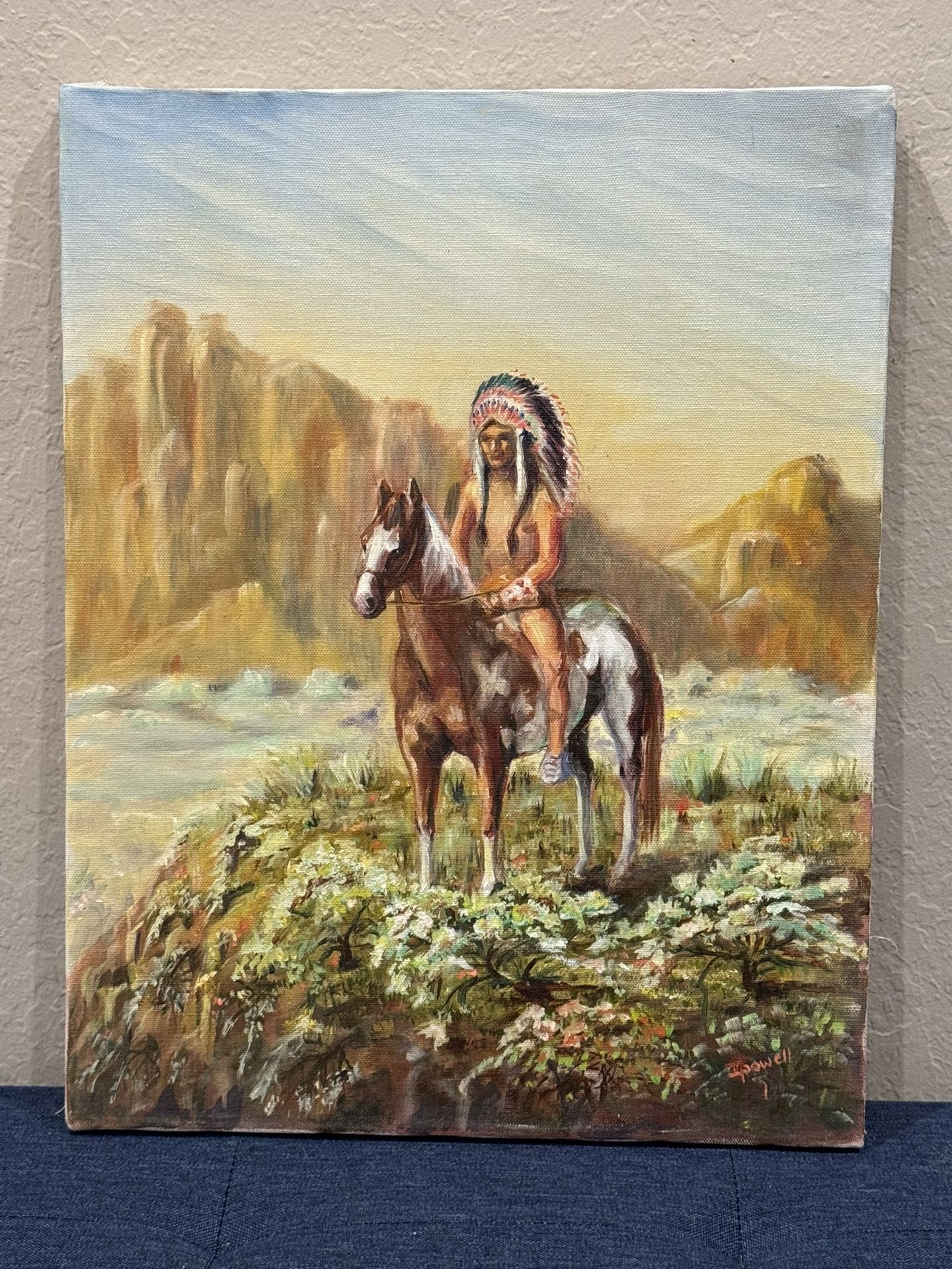 Incredible c1970s Native American Indian Landscape Oil Painting by I. Powell