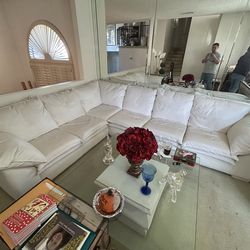 Sofa Sectional White set with glass side tables and lamps