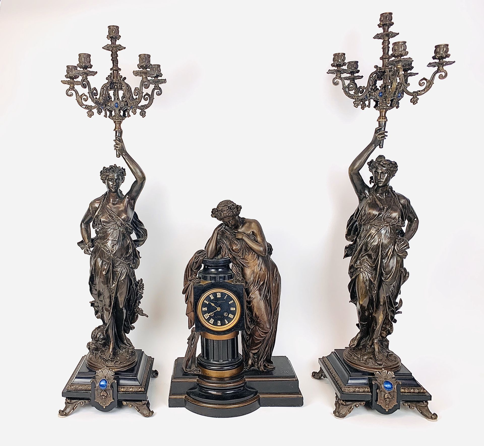 19th C. French Patinated Bronze Clock Set made by Charpentier