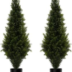 Artificial Cedar Topiary Trees 4FT Tall 2 Set,Outdoor Indoor Realistic Faux Pine Plants,Fake Outdoor Plant Fake Trees for Front Porch Garden Decor