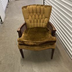 1970’s Vintage Crushed Velvet Green Tufted Cane Chair Mid Century Modern