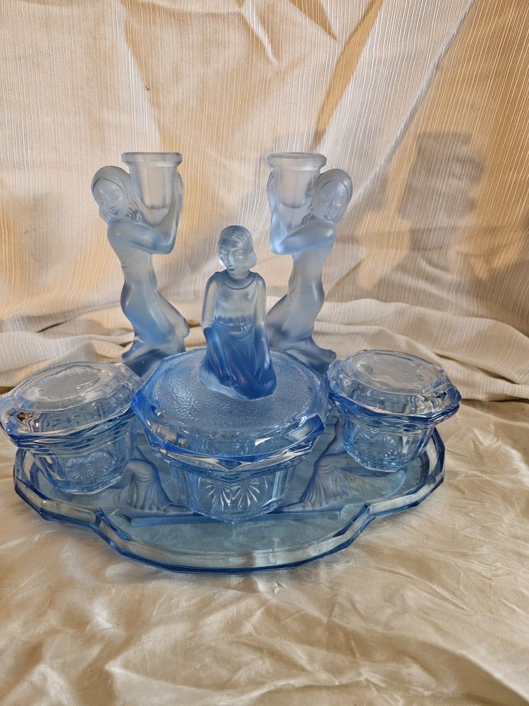 Vintage Walther & Söhne Art Deco Blue Glass Vanity Set