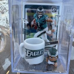 Jalen Hurts  Optic #158 Shadow Box With Eagles Mug And Mini Player