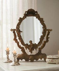 Vintage Ornate Cherub Tabletop Vanity Mirror – Antique Gold Finish
