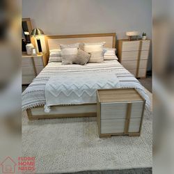 Brown Color Natural Eastern King Bed Frame With Dresser and Mirror