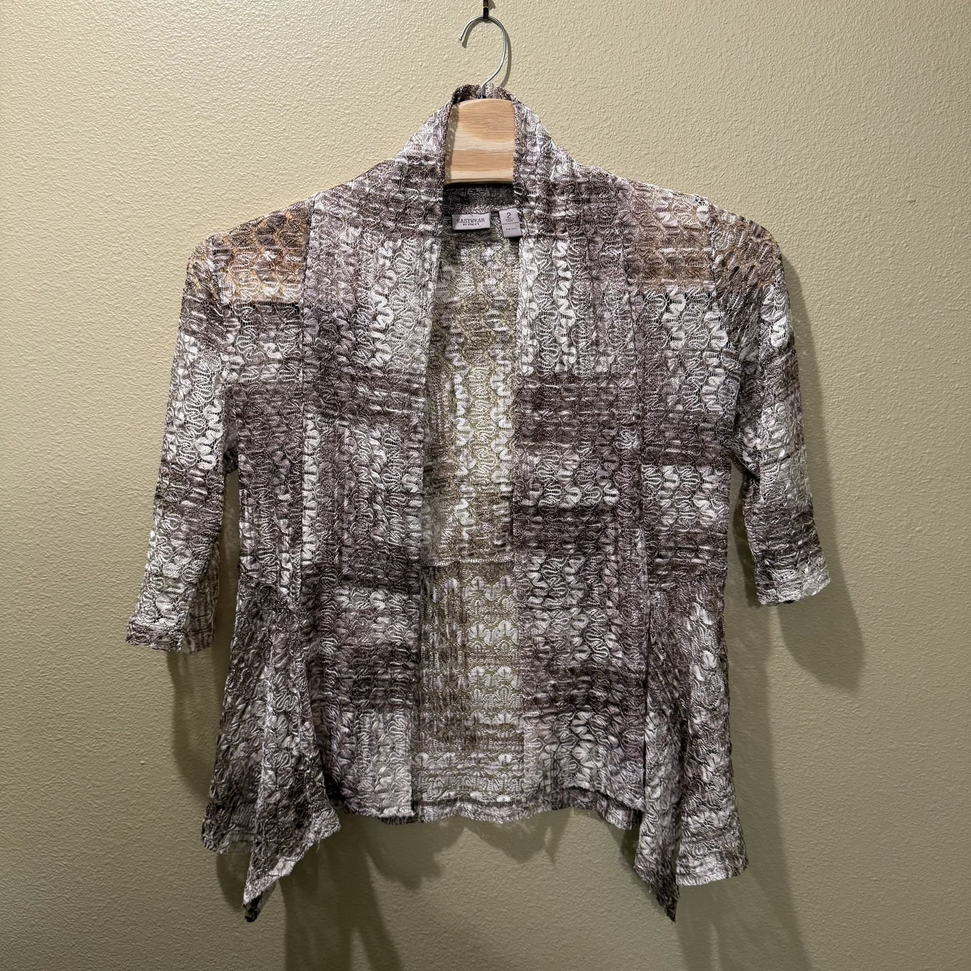 Women’s Size 2 (Large) Easywear By Chico’s Brown Cream Lace Sheer Open Cardigan