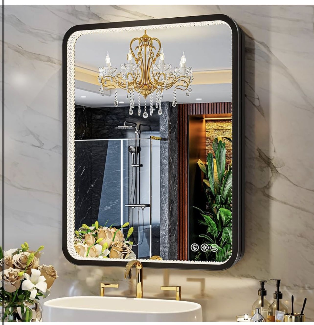 Brand New In The Box- Brightify Crystal LED Bathroom Mirror with Lights, 28x36 Inch Black Dual-Layer Metal Framed Rectangluar Vanity Mirror, Anti-Fog,