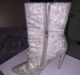 Silver Rhinestone Stiletto Heel Boots