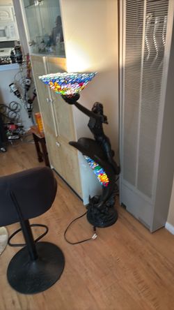 Tiffany Style Floor Lamp Of Woman Riding a Dolphin