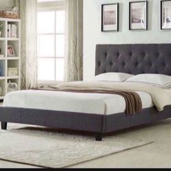 Brand New In Box Full Size Dark Grey Linen Upholstered Bed With Mattress. Assembly Required, We Can Deliver, Cama Con Colchon.