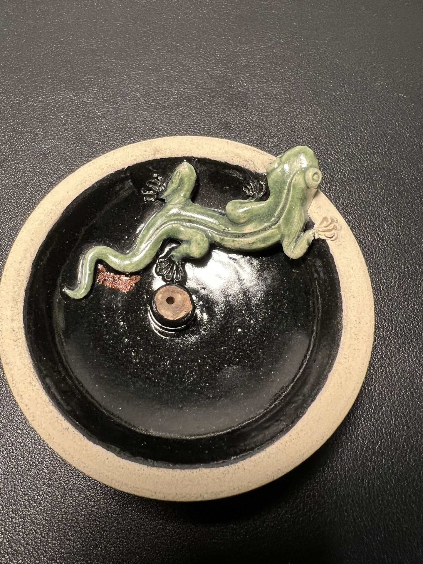 Handmade Frog Water Fountain Spout Ceramic Bowl Black Glaze Pottery, 4”