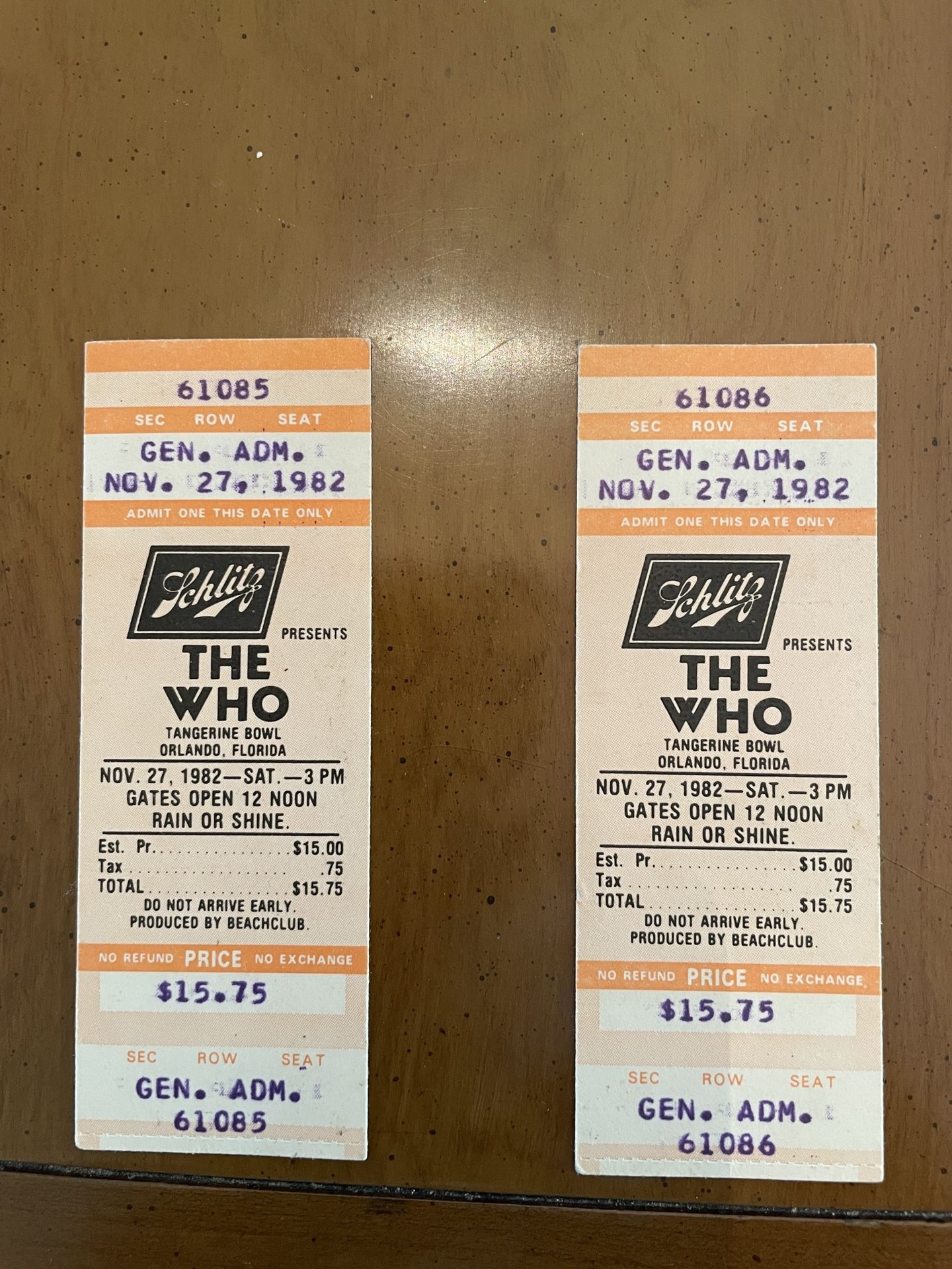 Pair Of The Who Concert Tickets At Tangerine Bowl Orlando 11/27/1982