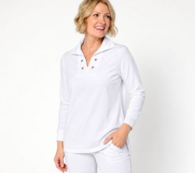 Denim & Co. Active French Terry Long Sleeve Top w/ Grommets White, Size 2X