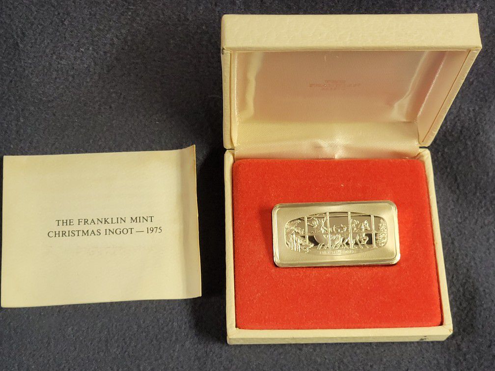1975 Franklin Mint Christmas Ingot 1000 Grains .999 Silver
