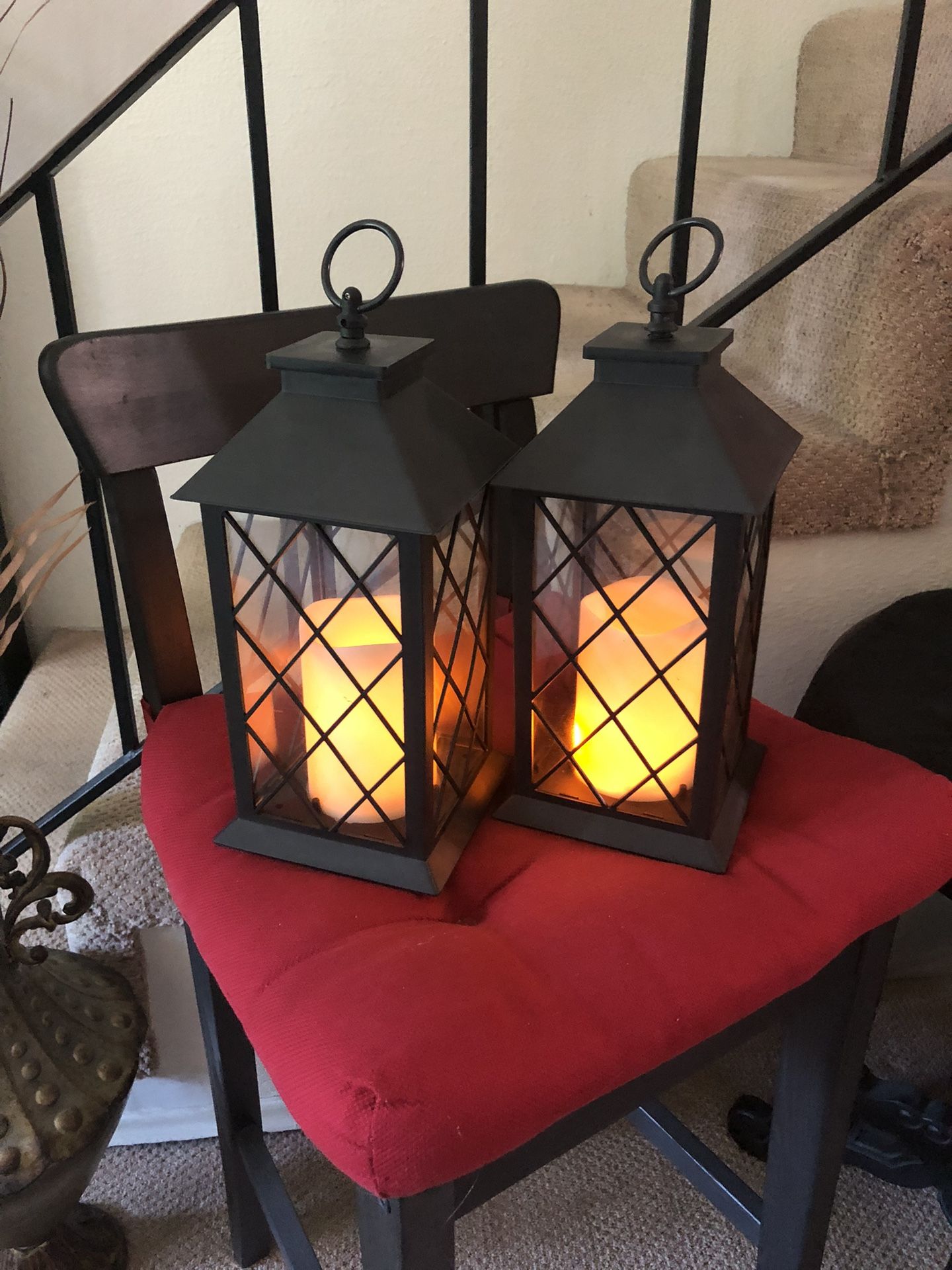 Vintage Large Lantern w.Led Candle-Timer-Battery-Set Of 2-Like New!