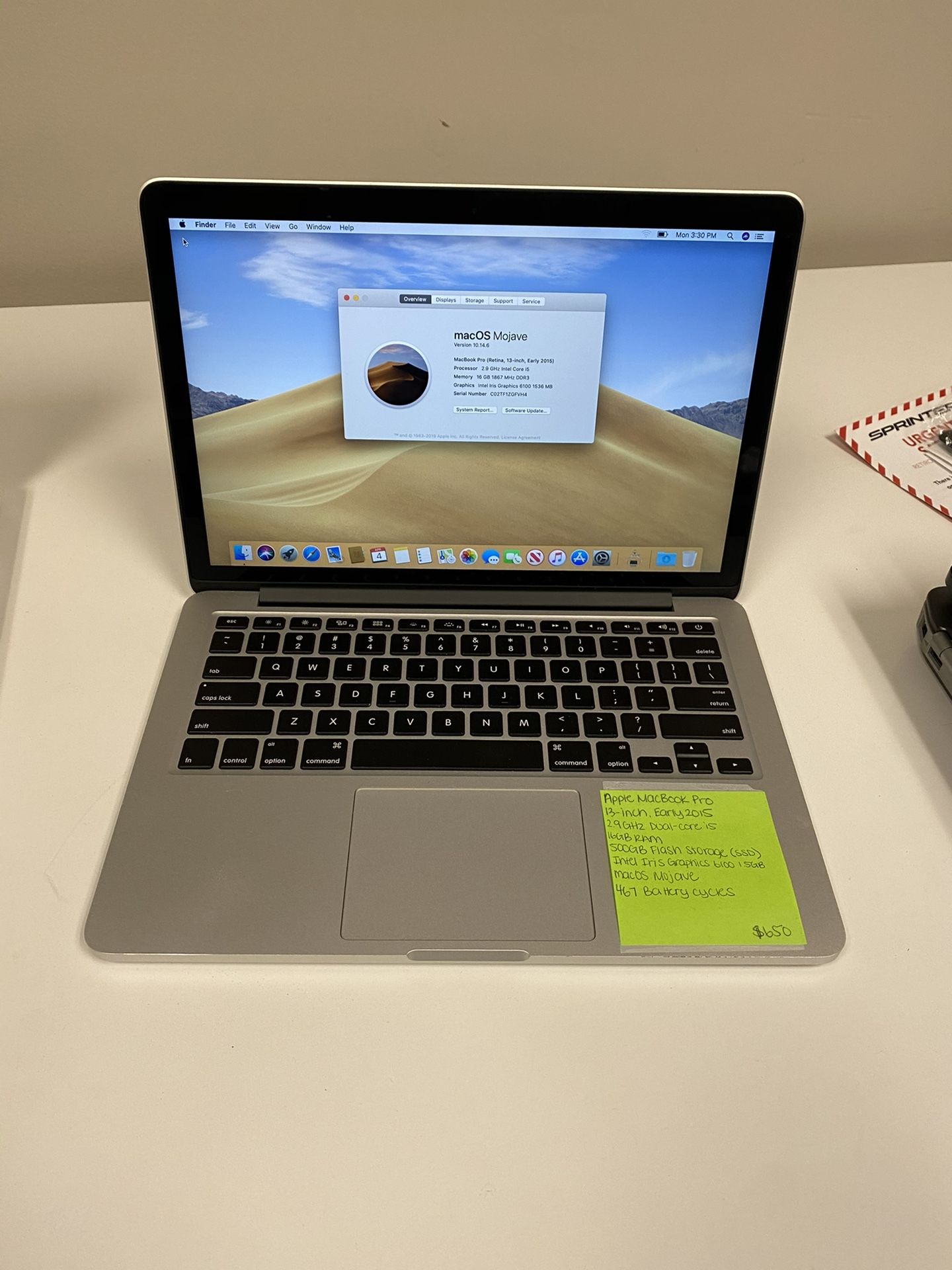 Apple 13” 2015 MacBook Pro Retina 2.9ghz Core i5 16GB RAM 512gb Flash macOS Webcam WiFi Thunderbolt