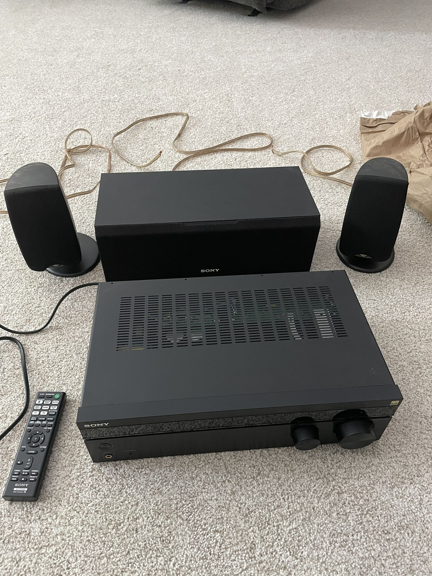 Sony Receiver W/ Remote, Center Speaker, And Two Klipsch Side Speakers