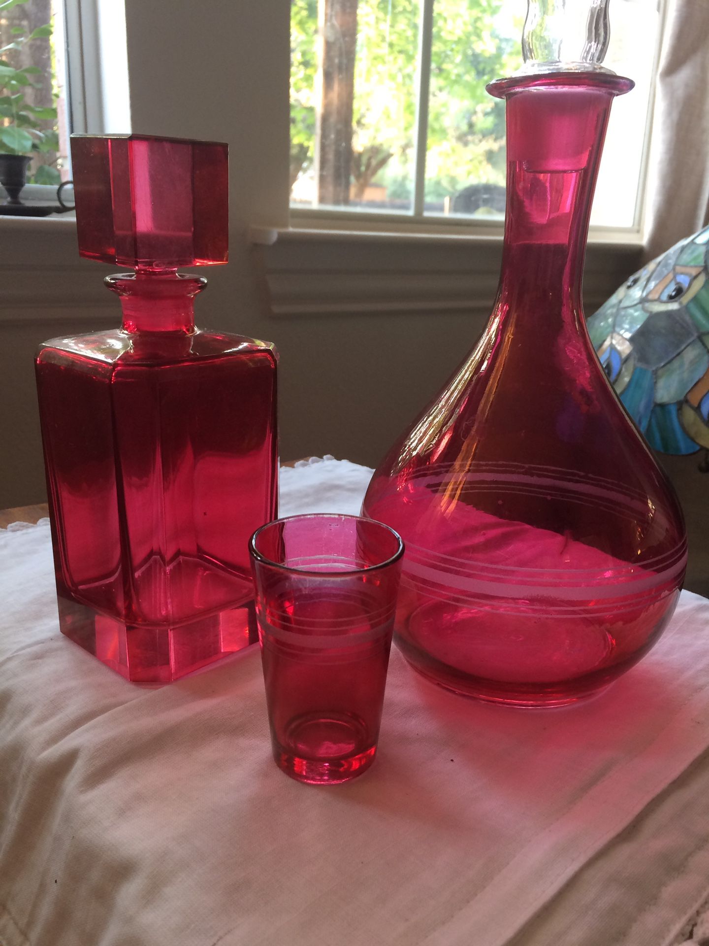 Two Red Decanters Incl A Rare Square Carafe