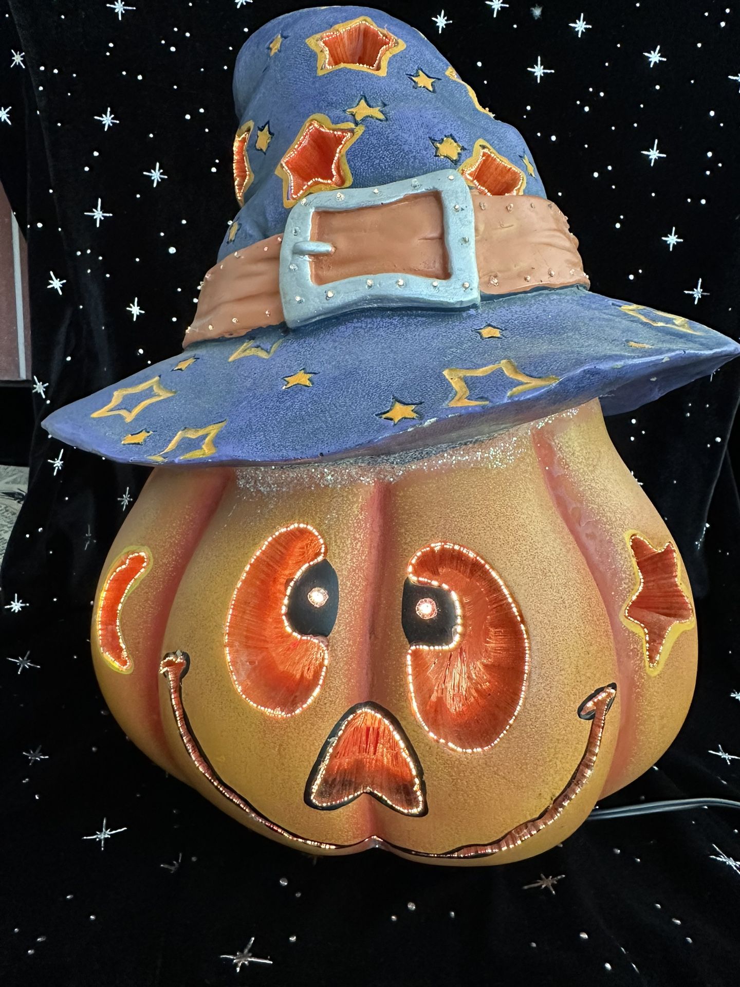 Costco Halloween Resin Fiber Optic Pumpkin In A Witch Hat IOB Too