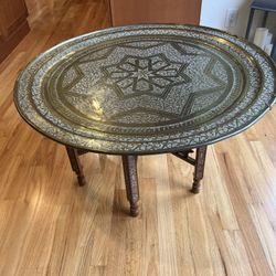 Vintage Moroccan Brass Tea/Coffee Table With Folding Hand Painted Legs