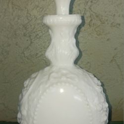 Vintage Fostoria Jenny Lind Milk Glass Cologne Bottle Ornate Floral Stoppered Decanter made between 1(contact info removed).