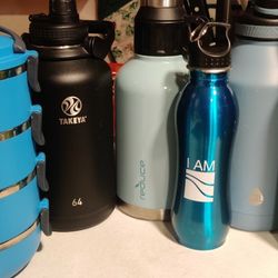 Lrg & Xlg Steel Water/Liquid Portable Bottles And Lunch Bowl Set Bundle