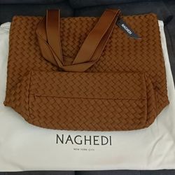 NEW Naghedi Como Shopper Tote TEAK BROWN Handwoven Neoprene with Dust Bag 