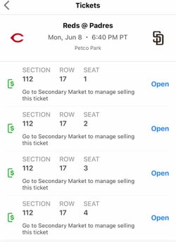 6/8 PADRES TONIGHT 4 Tix Sec 112 Row 17