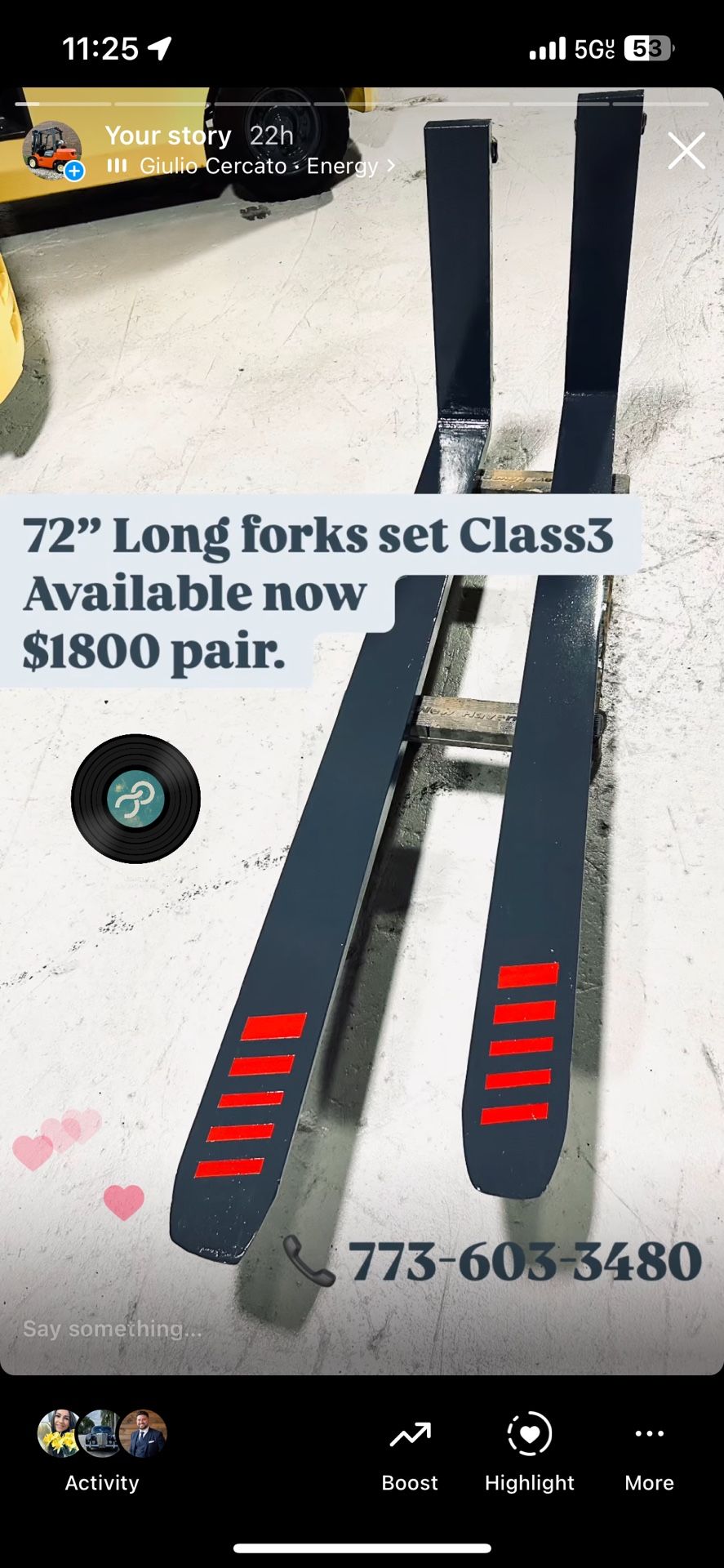 72” Forklift Forks Set Class3. Heavy Duty. For 20” Plate. Like New.